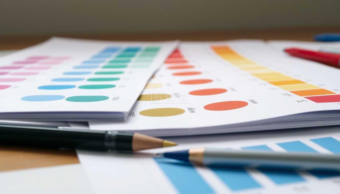 彩色圖表印刷文件,書桌上有毛氈筆